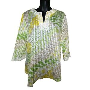 Alfred Dunner Top Women Sz 12 Green Yellow Floral V-Neck 3/4 Sleeve Hook & Eye